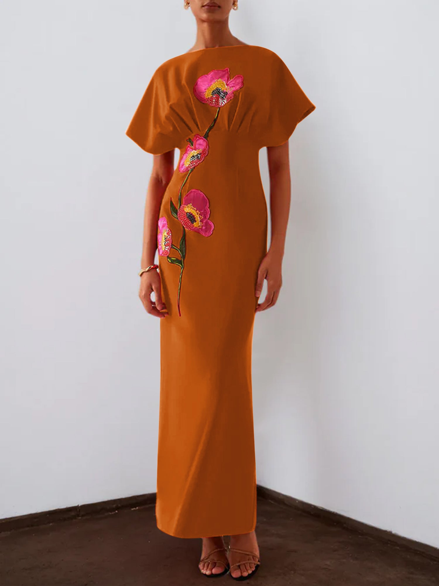 Red 3D Floral Appliqué Boat Neck Short Sleeve Backless Sheath Maxi Dress
