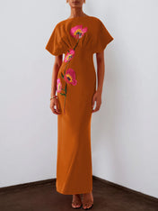 Red 3D Floral Appliqué Boat Neck Short Sleeve Backless Sheath Maxi Dress