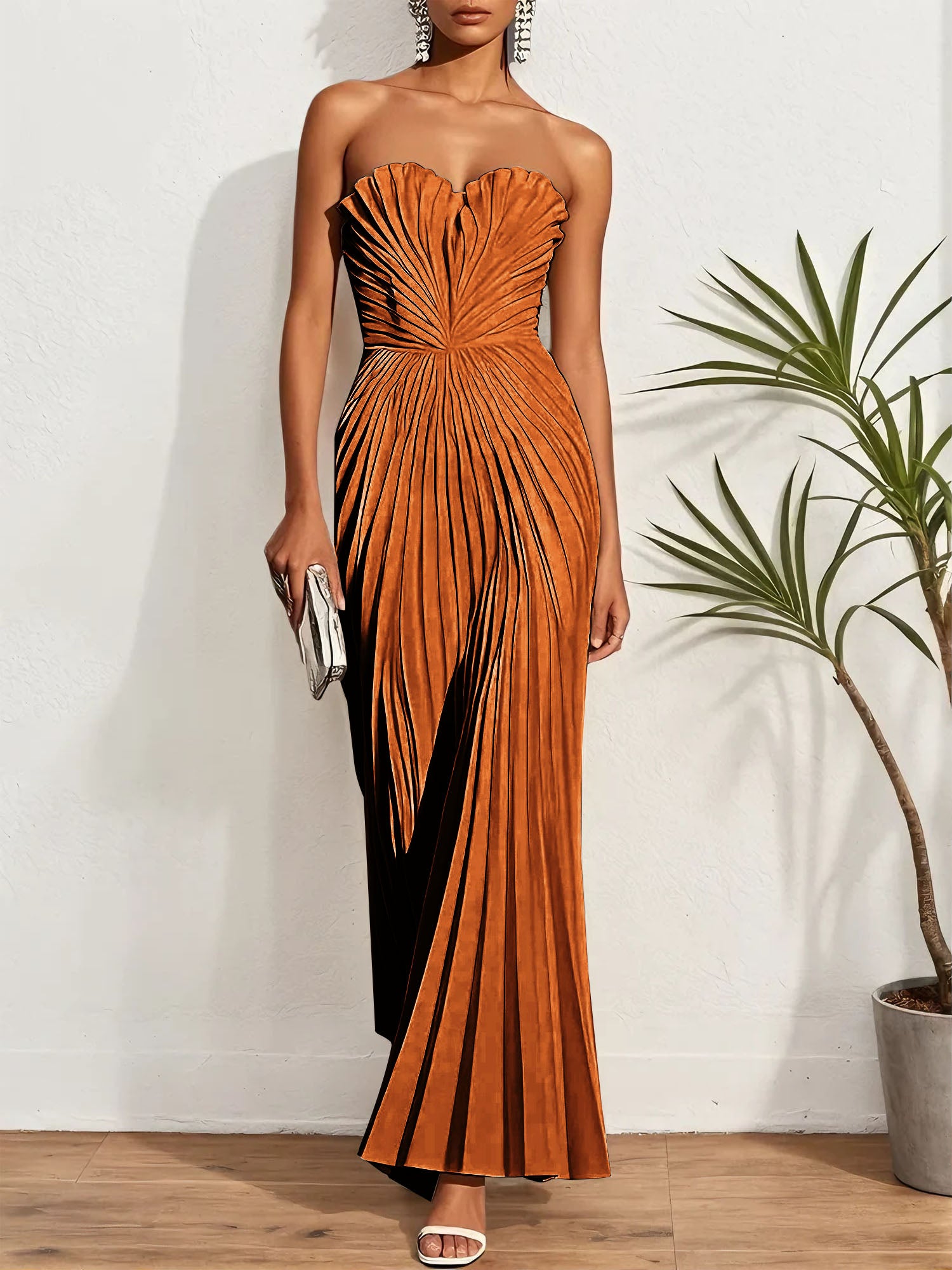 White Pleated Classic Strapless Sleeveless A-Line Maxi Dress