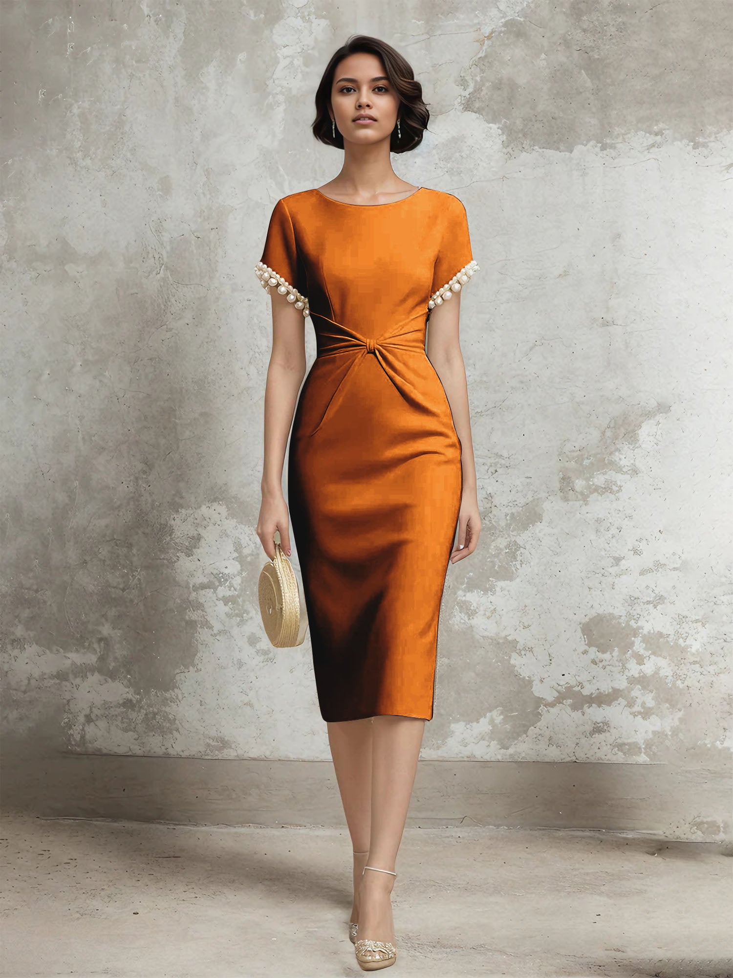 White Stretch Crepe Sheath/Column Short Sleeve Tea Length Dress With Pearls