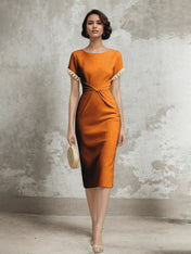 White Stretch Crepe Sheath/Column Short Sleeve Tea Length Dress With Pearls