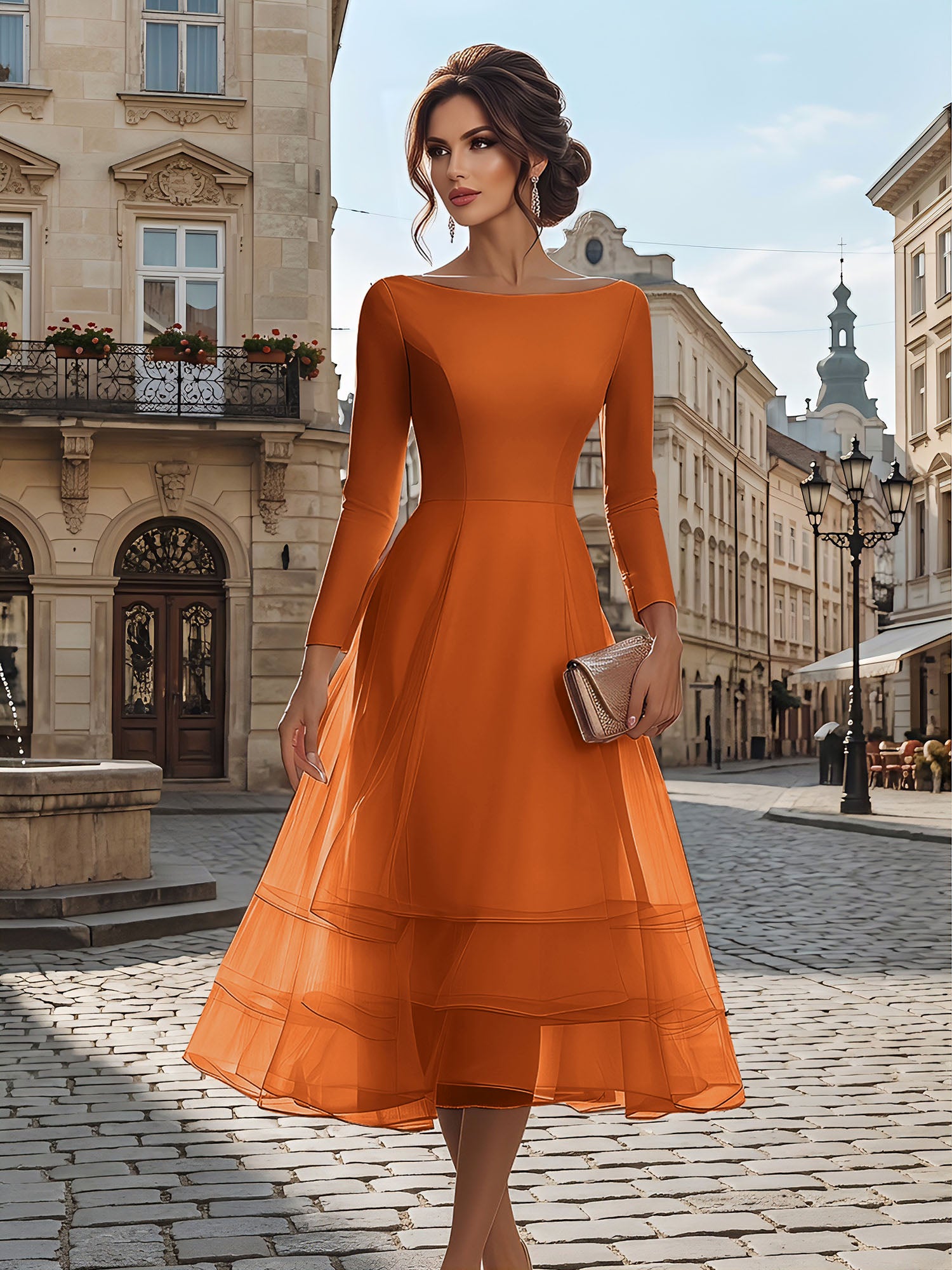 Timeless Evening Foraml Gown Blush Pink Long-Sleeve Layered Organza Midi Dress