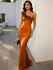 Navy Blue 3D Floral Classic One Shoulder Sleeveless Mermaid Gown Dress