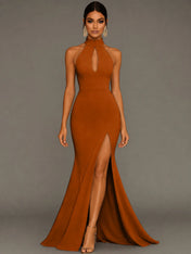 Mermaid Halter Neck Satin Formal Dress with Slit