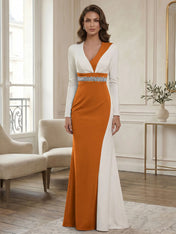 Elegant Navy & White Color-Block Long Sleeve Floor-Length Evening Gown Formal Dresses