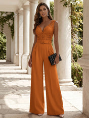 Women Pink Lace Deep V Neck Sleeveless Dressy Jumpsuit