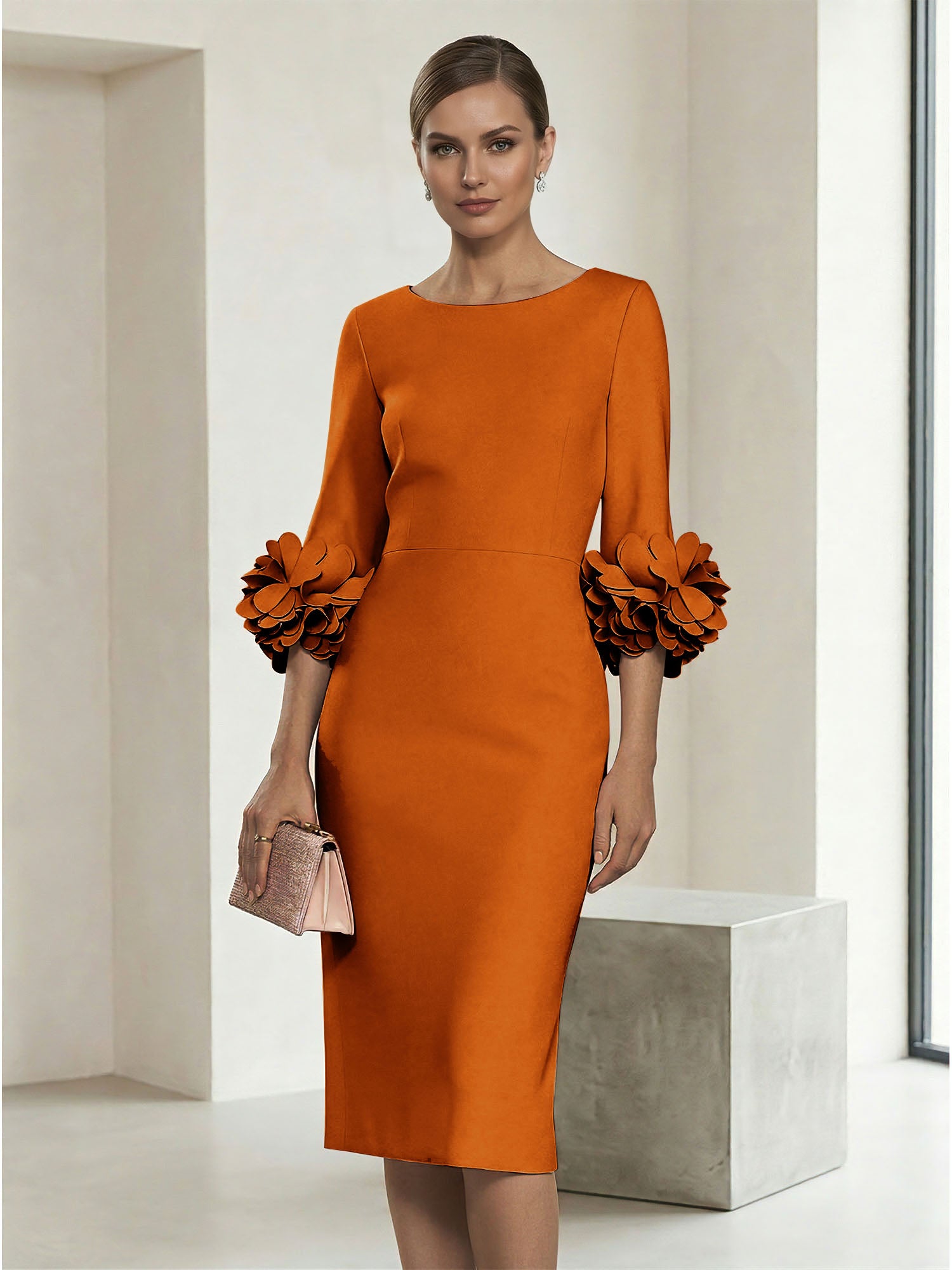 4 Sleeve Boat Neck Sheath Midi Dress with 3D Floral Cuffs