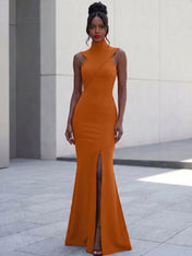 High-Neck Cross-Bodice Sleeveless Maxi Dress