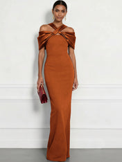 Regal Plum Crepe Column Gown with Satin Criss-Cross Halter Maxi Dress