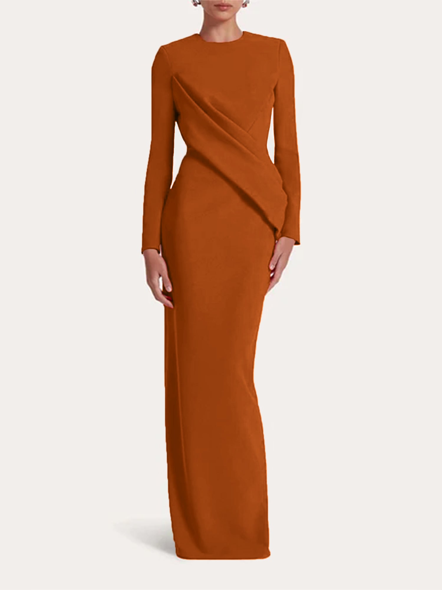 Red Sheath/Column Scoop Long Sleeves Chiffon Floor-Length Ruffles Formal Dress