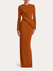 Red Sheath/Column Scoop Long Sleeves Chiffon Floor-Length Ruffles Formal Dress