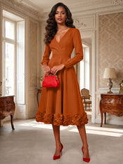 Formal Evening Gown Crimson 3D Rose Hem A-Line Midi Dress
