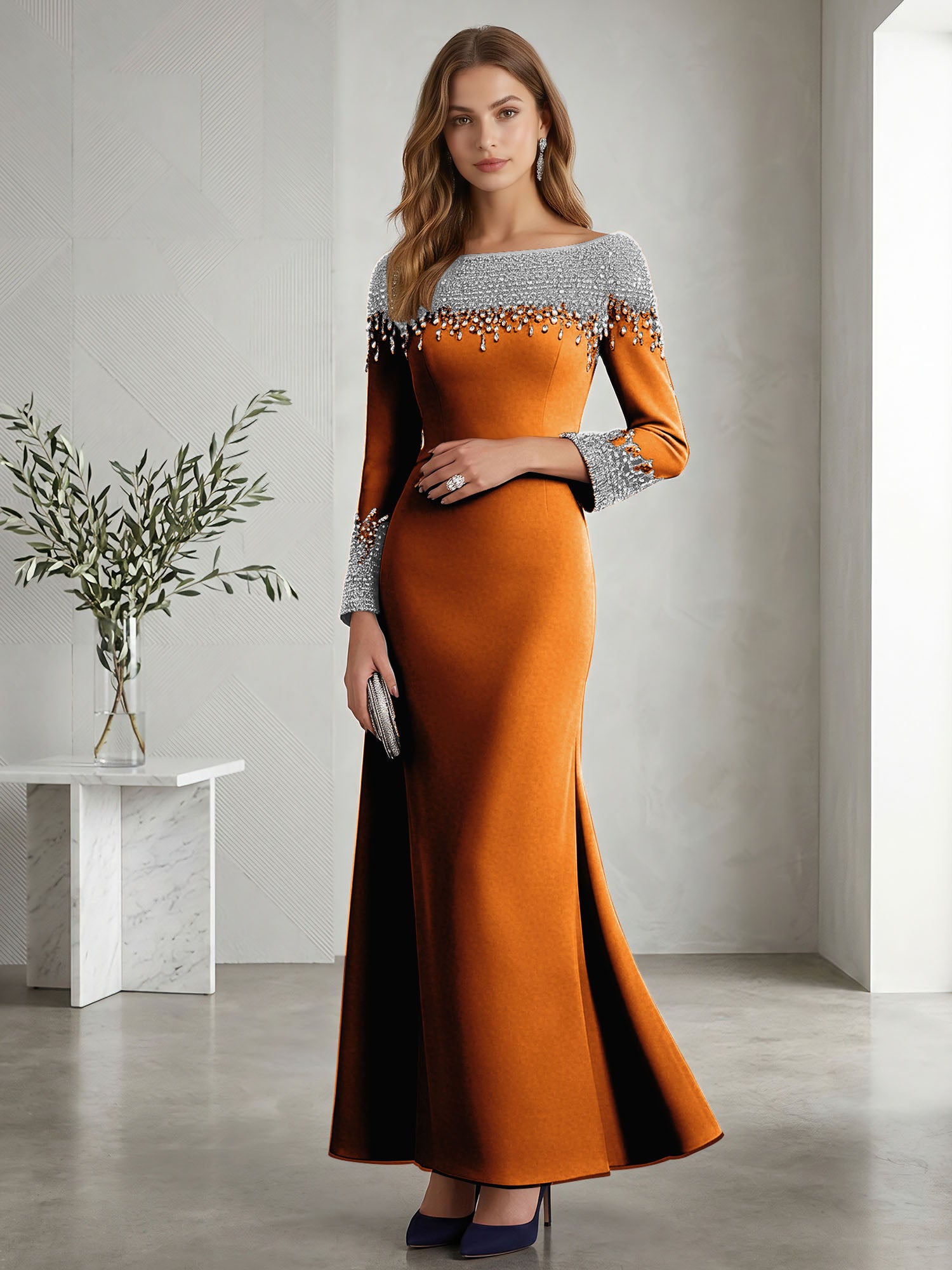 Formal Evening Dress Midnight Navy Velvet Long Sleeves Maxi Dress with Crystal
