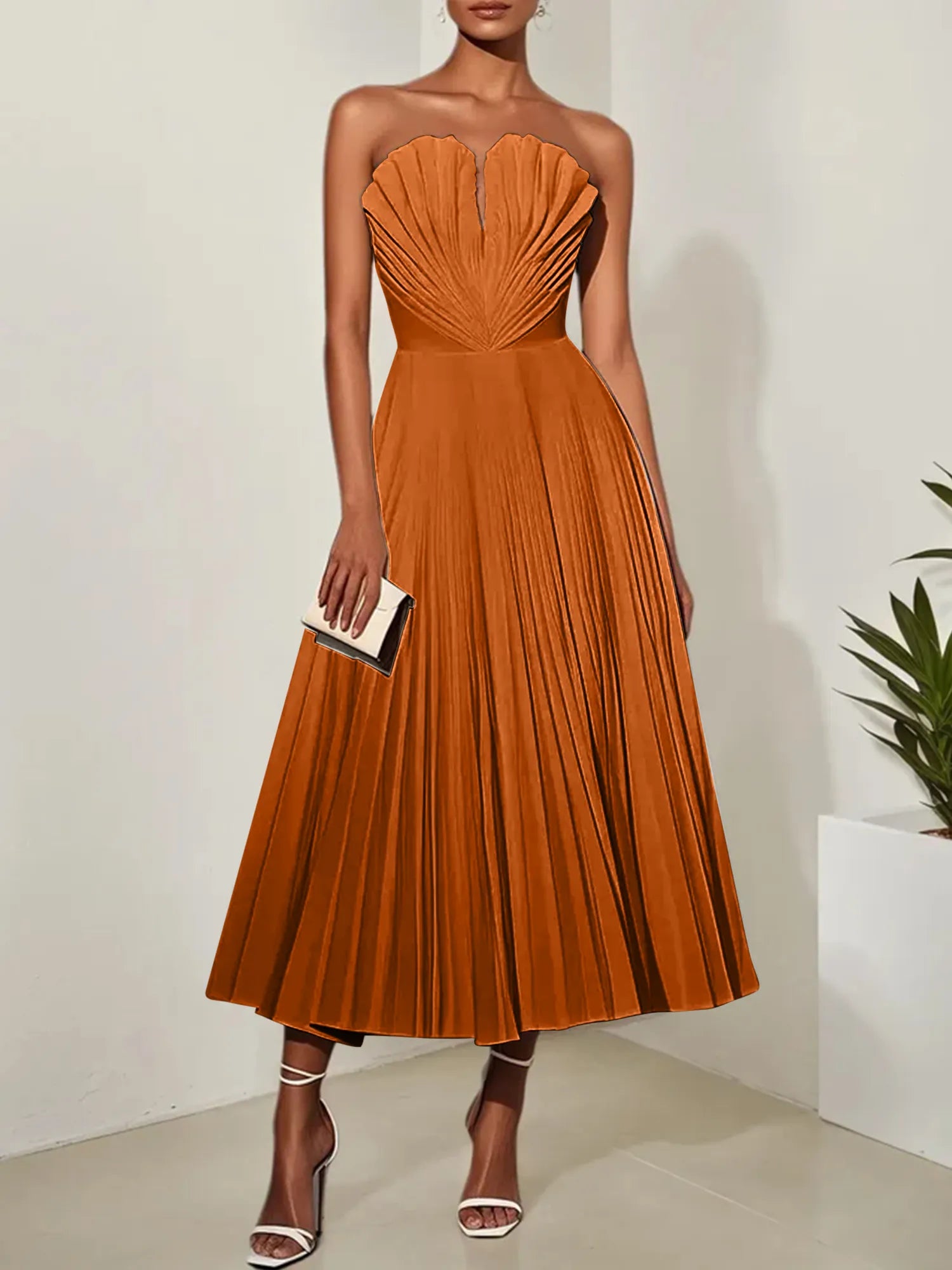 White Pleated Classic Strapless Sleeveless A-Line Midi Dress