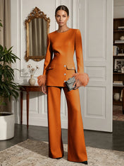 Women's White Two-Piece Set: Buckle Detail Feather-Trimmed Top & Straight-Leg Pants