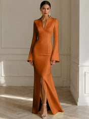 Formal Yellow V Neck Long Sleeves Floor Length Dress With Slit