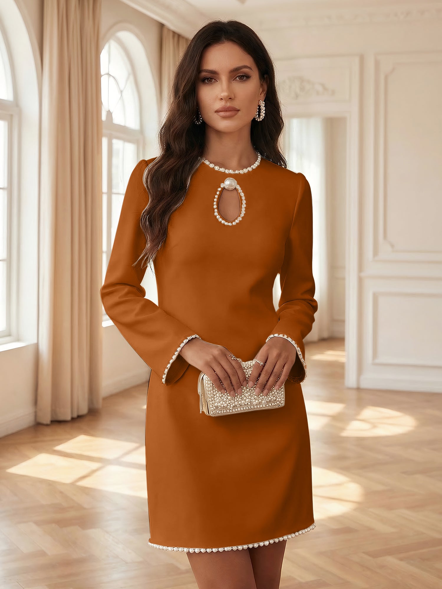 White Pearl Hollow Out Classic Crew Neck Long Sleeve Shift Mini Dress Gown