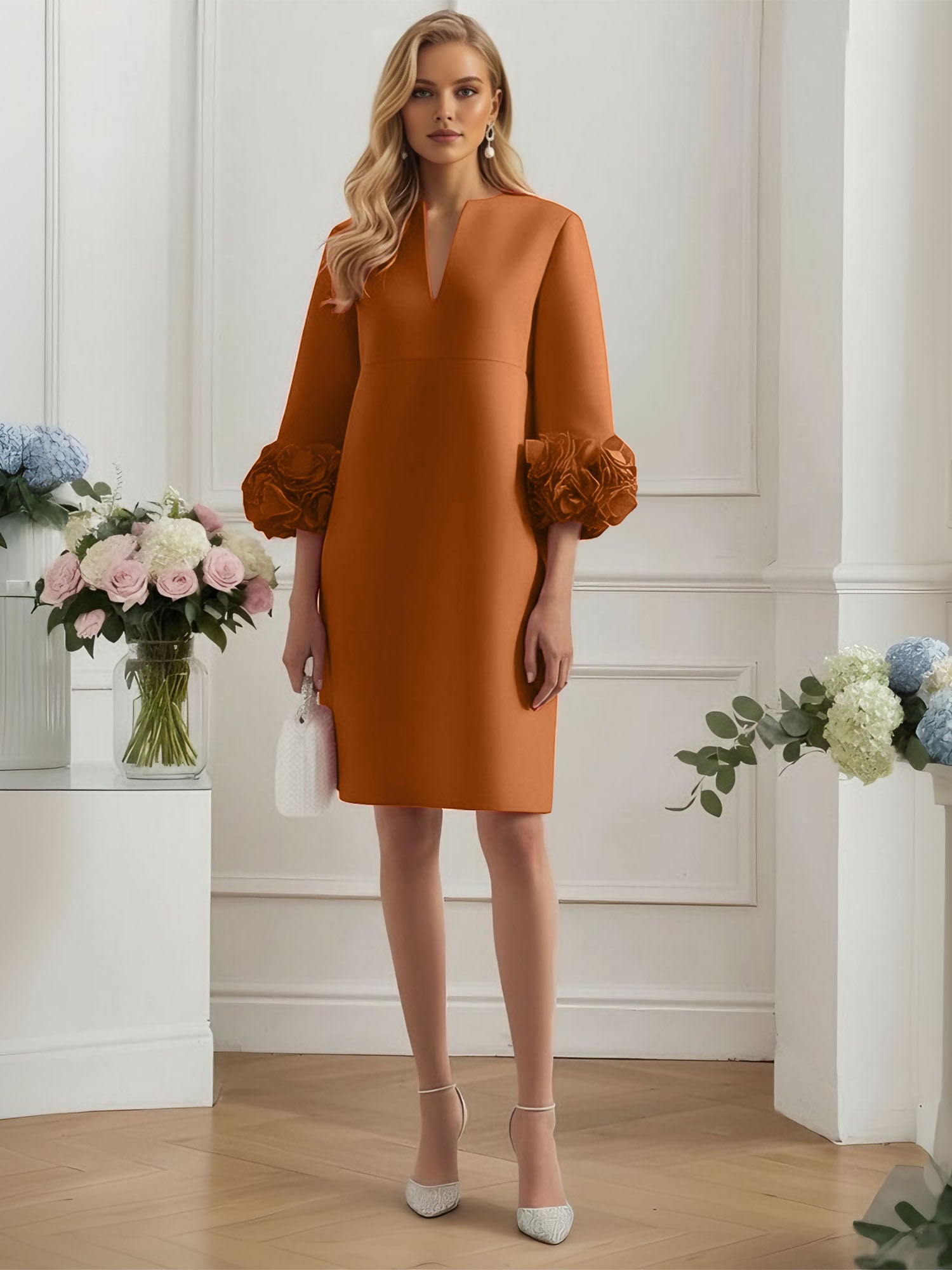 3D Floral Classic Notched Long Sleeve A-Line Midi Dress