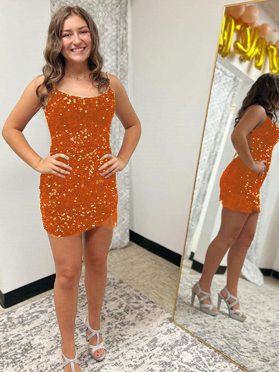 Royal Blue Fitted Spaghetti Straps Short Sequin Homecoming Dress