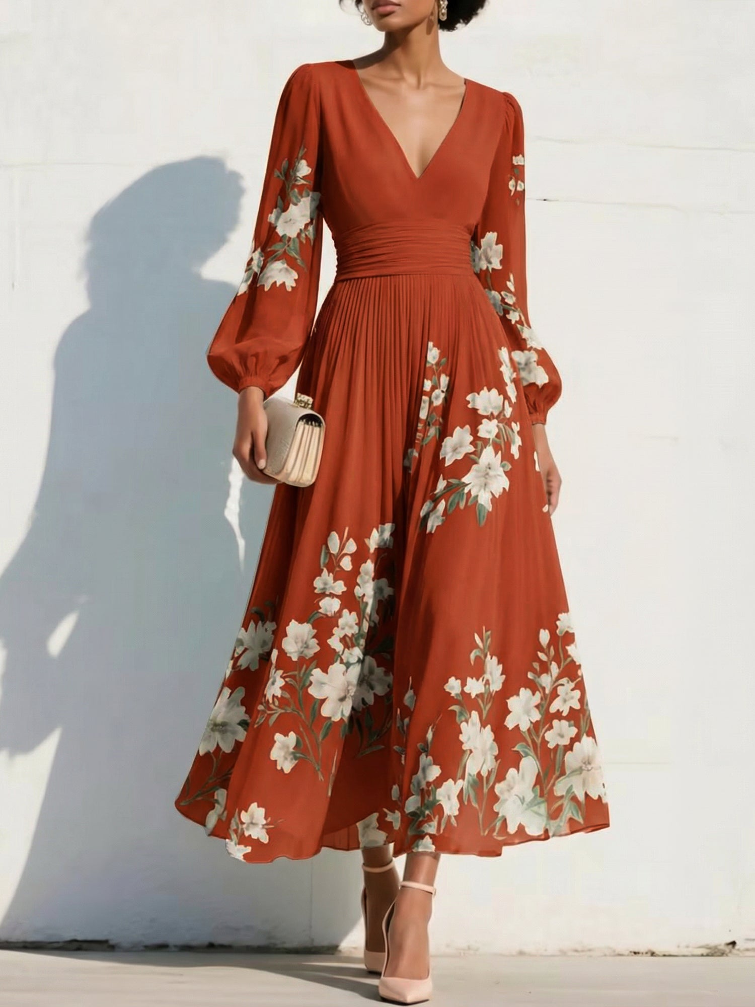 Elegant Floral V-Neck Pleated Midi Dress with Long Sleeves
