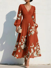 Elegant Floral V-Neck Pleated Midi Dress with Long Sleeves