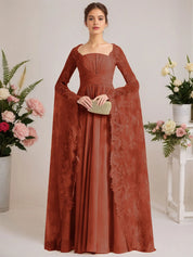 A-line Square Floor-Length Chiffon Lace Evening Dress With Beading Pleated