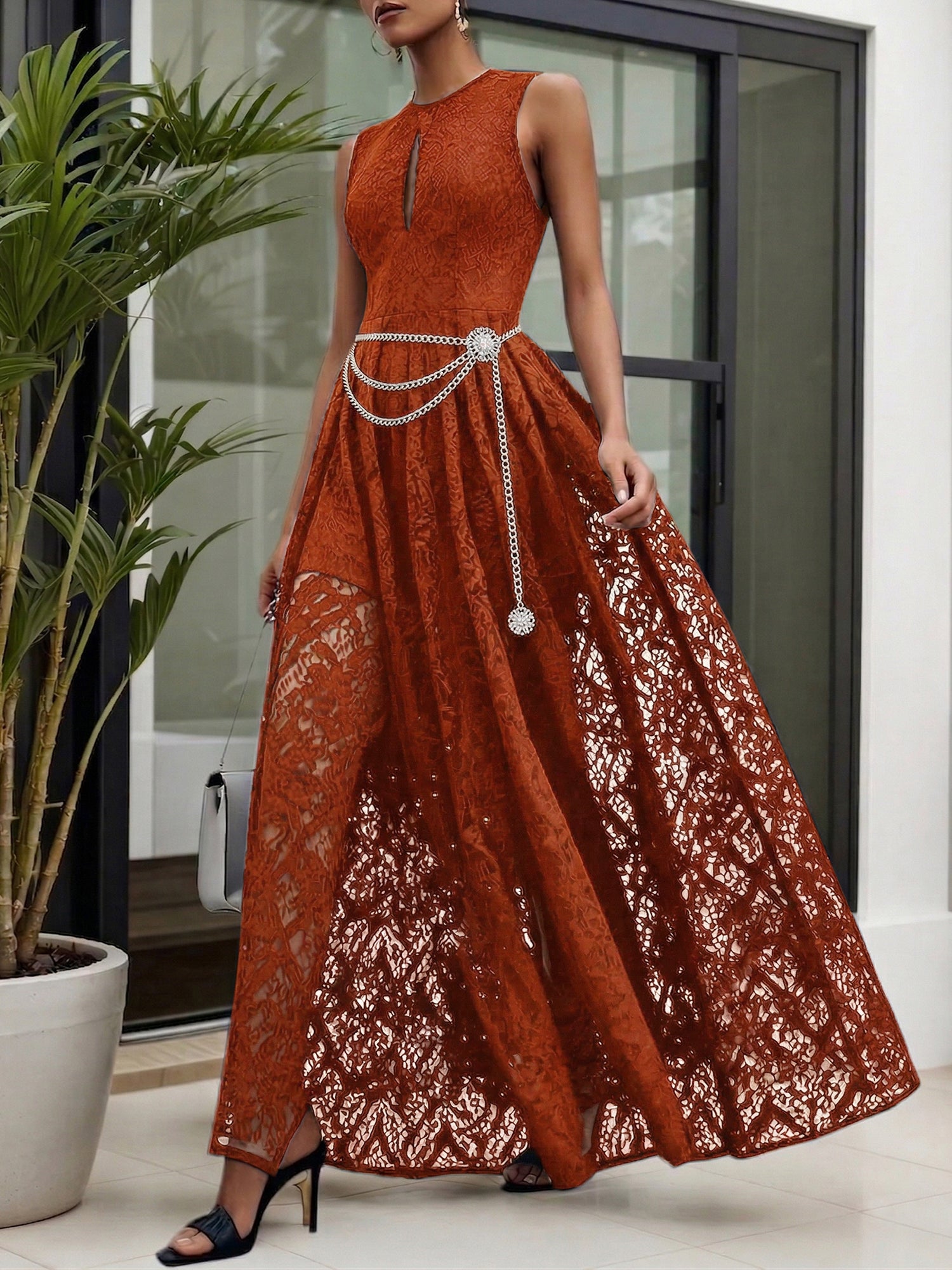 Midnight Black Lace Hollow Out Crew Neck Sleeveless A-Line Maxi Dress