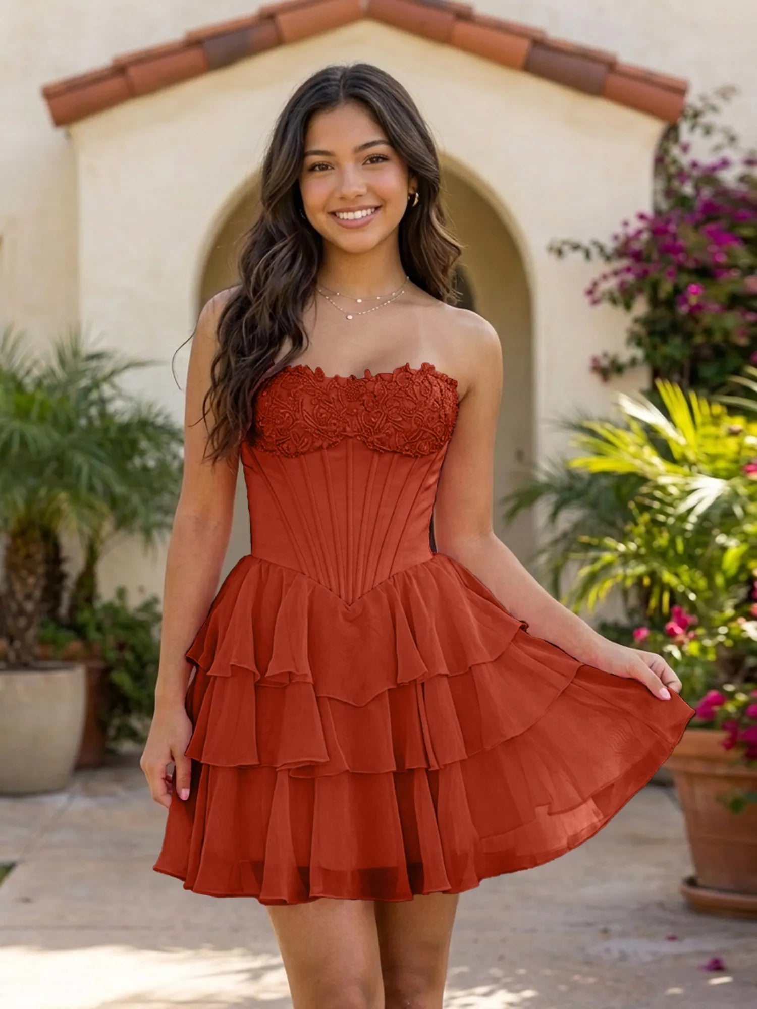 Pink Lace Strapless Corset Mini Dress Tiered Chiffon Skirt Lace Up Back Homecoming Dresses