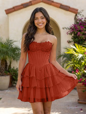 Pink Lace Strapless Corset Mini Dress Tiered Chiffon Skirt Lace Up Back Homecoming Dresses