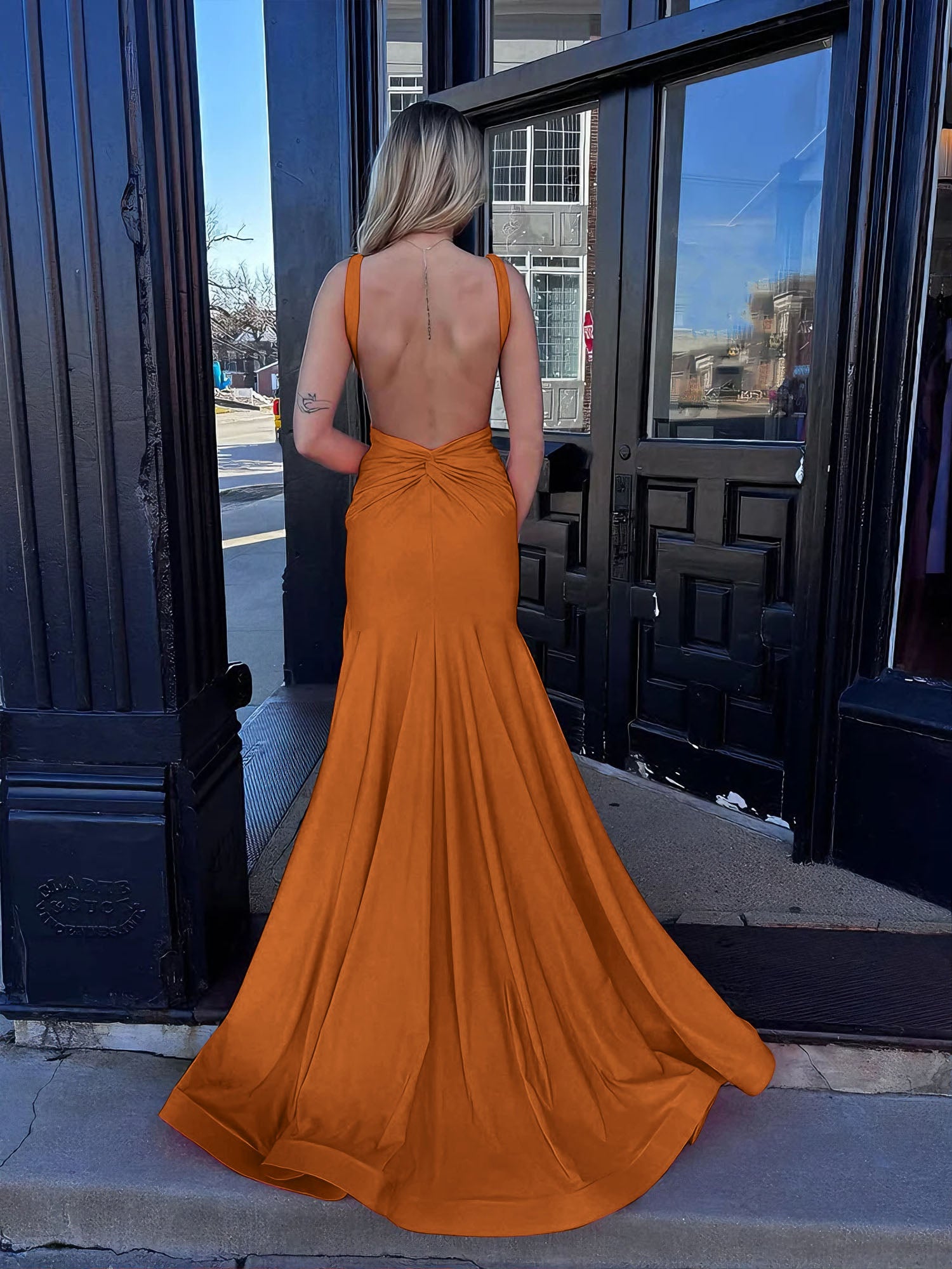 Coral Plunging V-Neck Sheath Prom Dress with Slit