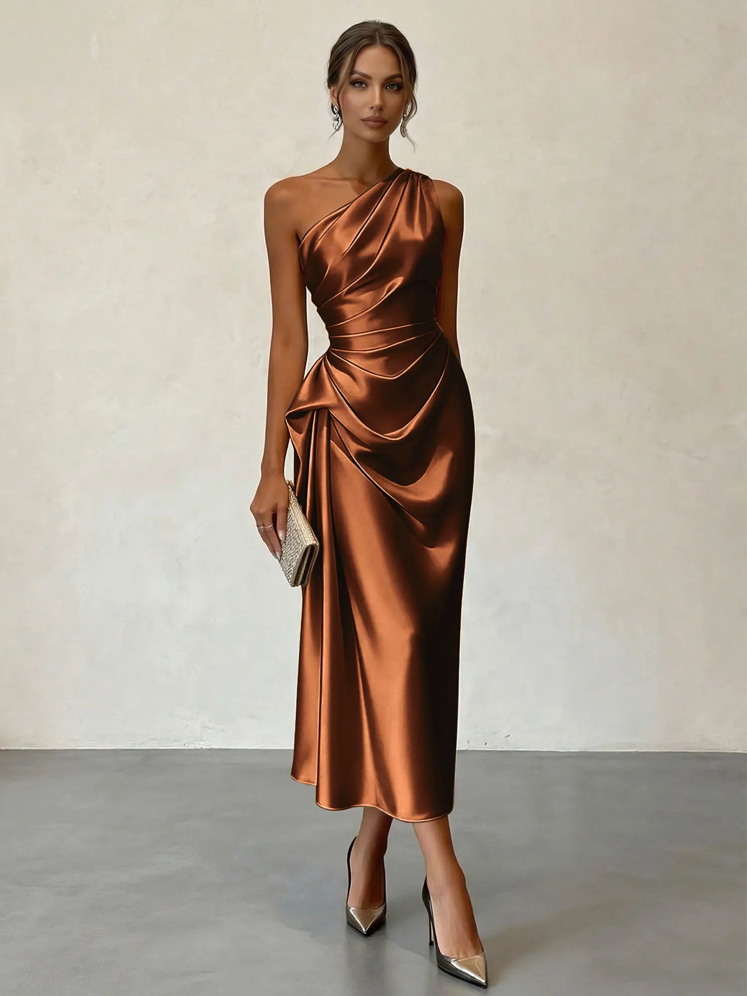 Champagne Ruched Satin One Shoulder Sleeveless Sheath Midi Dress