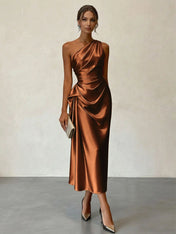 Champagne Ruched Satin One Shoulder Sleeveless Sheath Midi Dress