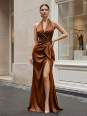 Navy Blue Halter V-Neck Satin Gown with Side Knot and High Slit Evening Dress