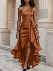 Glamorous Formal Dress Midnight Navy One Shoulder High-Low Satin Gown Midi Dress