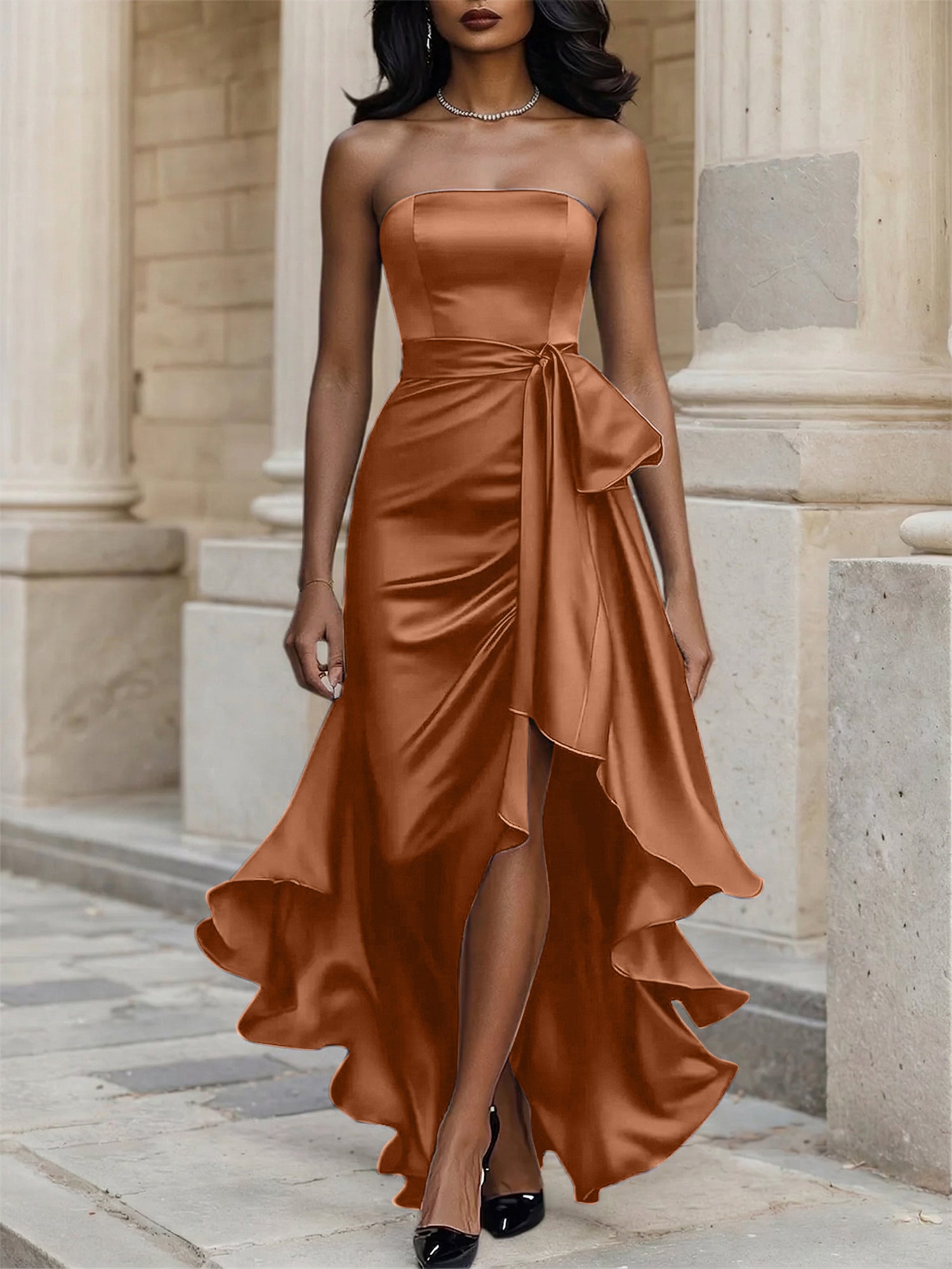 Glamorous Formal Dress Midnight Navy Strapless Satin Gown Midi Dress