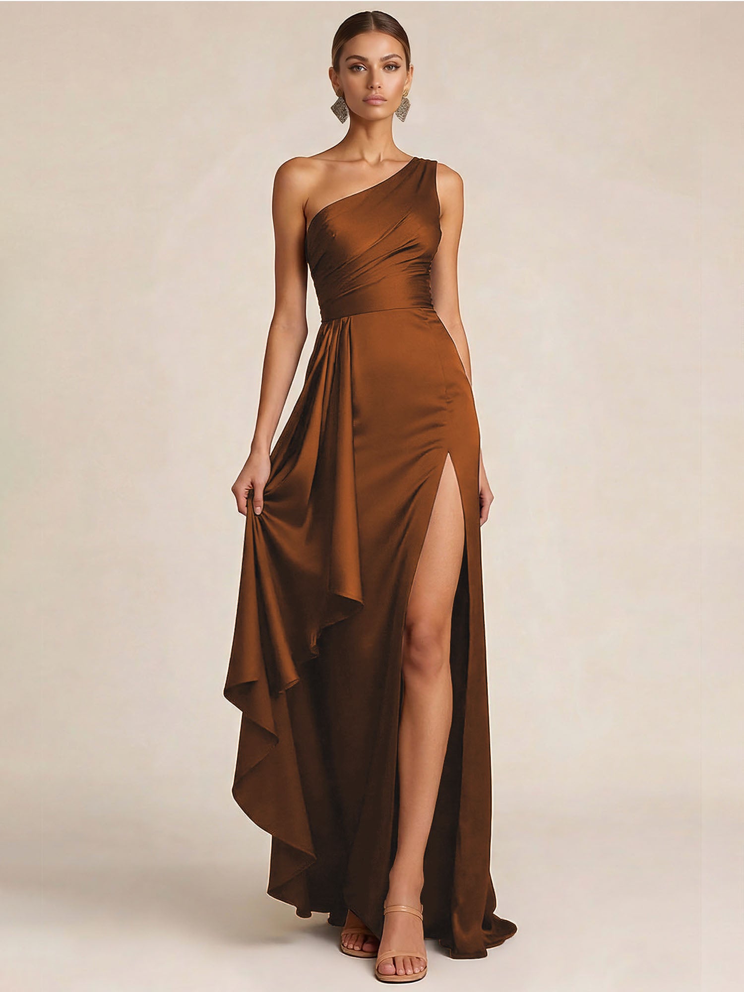 Sleek Foraml Evening Gown Midnight Navy One-Shoulder Satin Slit Maxi Dress