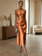 Champagne Ruched Satin One Shoulder Sleeveless Sheath Midi Dress