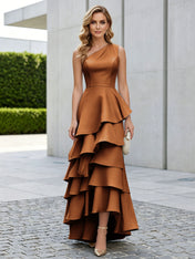 One Shoulder Tiered Ruffle Satin Mermaid Evening Gown with Sculptural Layers