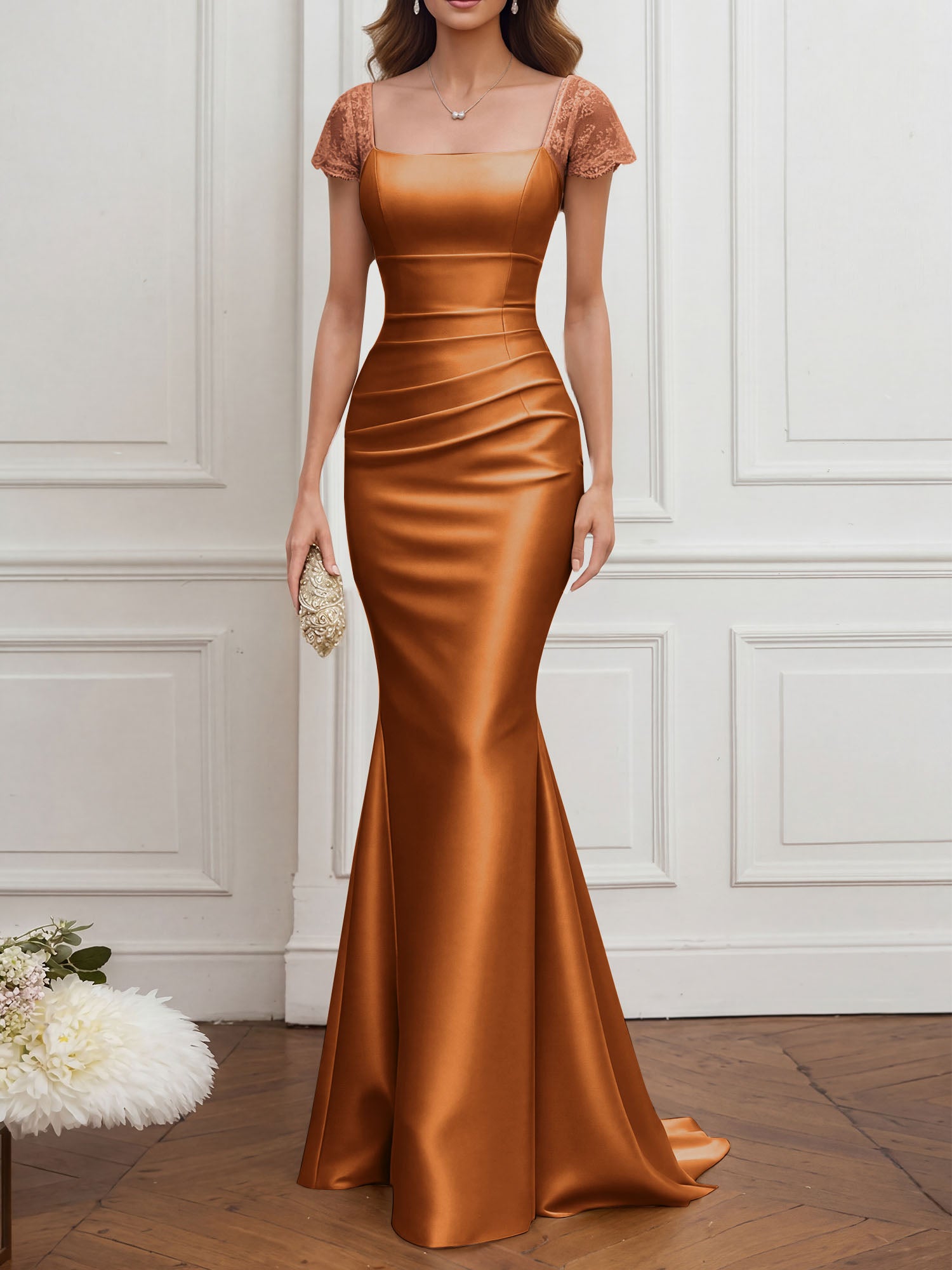 Mother of the Bride Dress Champagne Satin Square Neck Maxi Dress