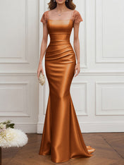 Mother of the Bride Dress Champagne Satin Square Neck Maxi Dress