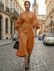 Loose Batwing Sleeve Dress Tight Waist Solid Color Elegant Dresses