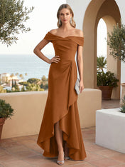 Off the Shoulder Pleat Satin High Low Mermaid Evening Dresses for Women