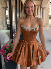 Sparkly Satin A Line Short Corset Homecoming Dress with Rhinestones