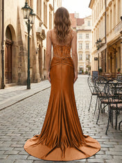 Purple Mermaid Spaghetti Straps Satin Long Corset Appliqued Prom Dress