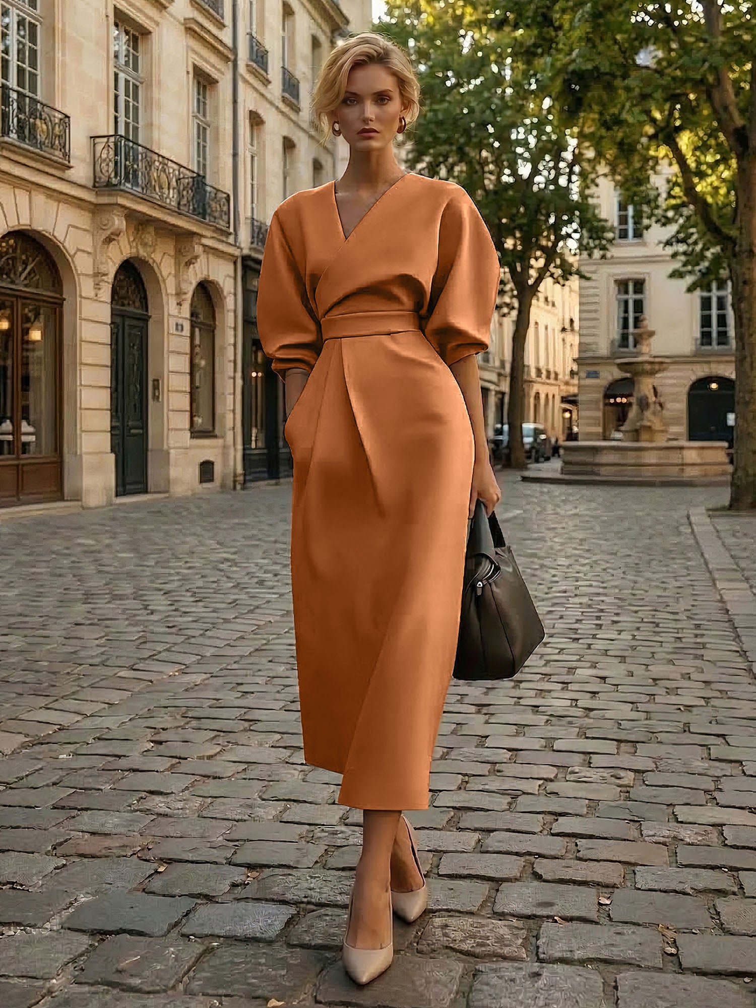 Sophisticated Camel V-Neck Balloon Sleeve Midi Dress Evening Gown