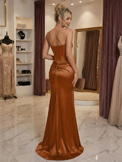 Burgundy Satin Corset Rhinestone Trim Floor-Length Prom Dress with Thigh Slit