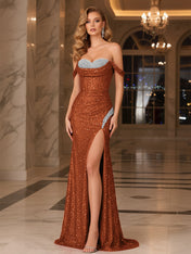 Dark Red Crystal Off-the-Shoulder Corset Prom Dress with Slit