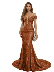 Sparkly Off The Shoulder Sequin Long Mermaid Corset Prom Dresses