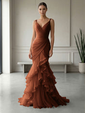 Mauve Folds Tulle Strapless Sleeveless Mermaid Gown Dress