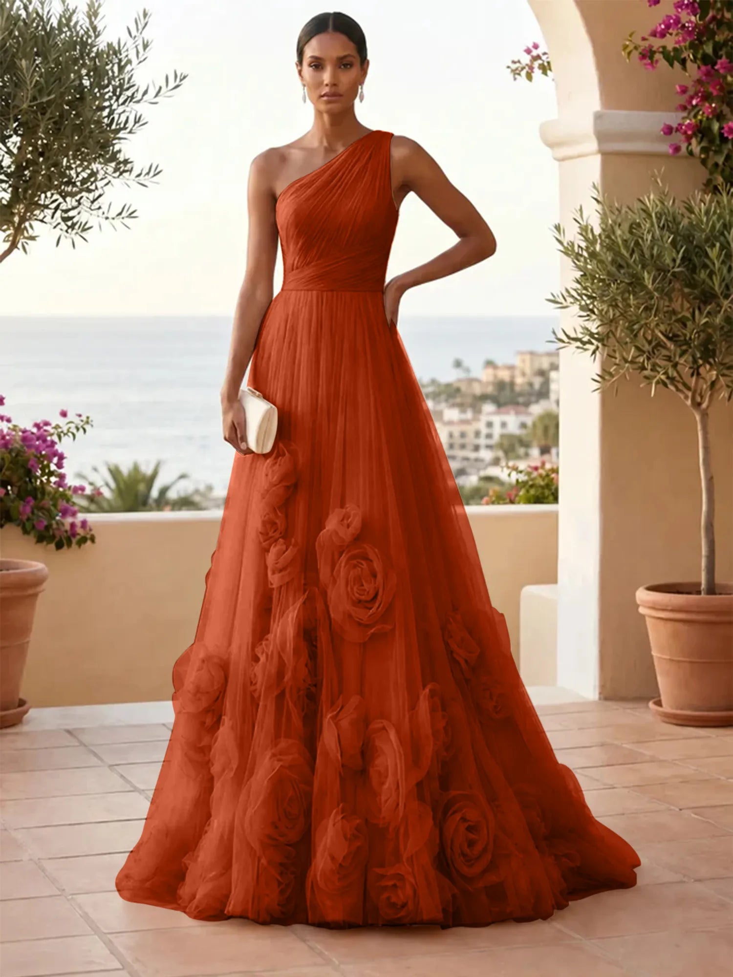One-Shoulder Sweetheart Tulle Ball Gown with 3D Floral Accents Evening Dresses